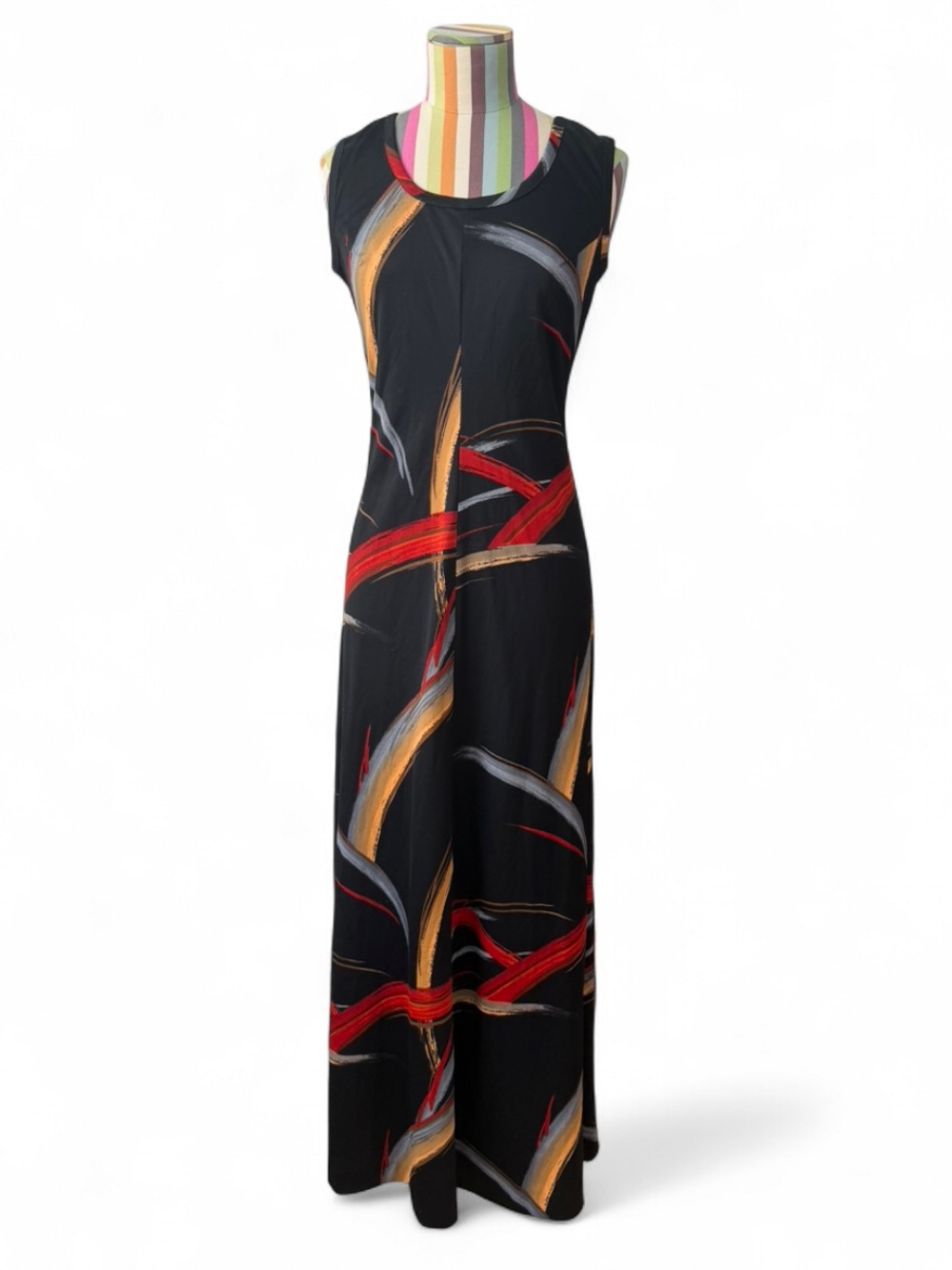 Vintage 70s Polyester Printed Sleeveless Maxi Gown Paint Strokes